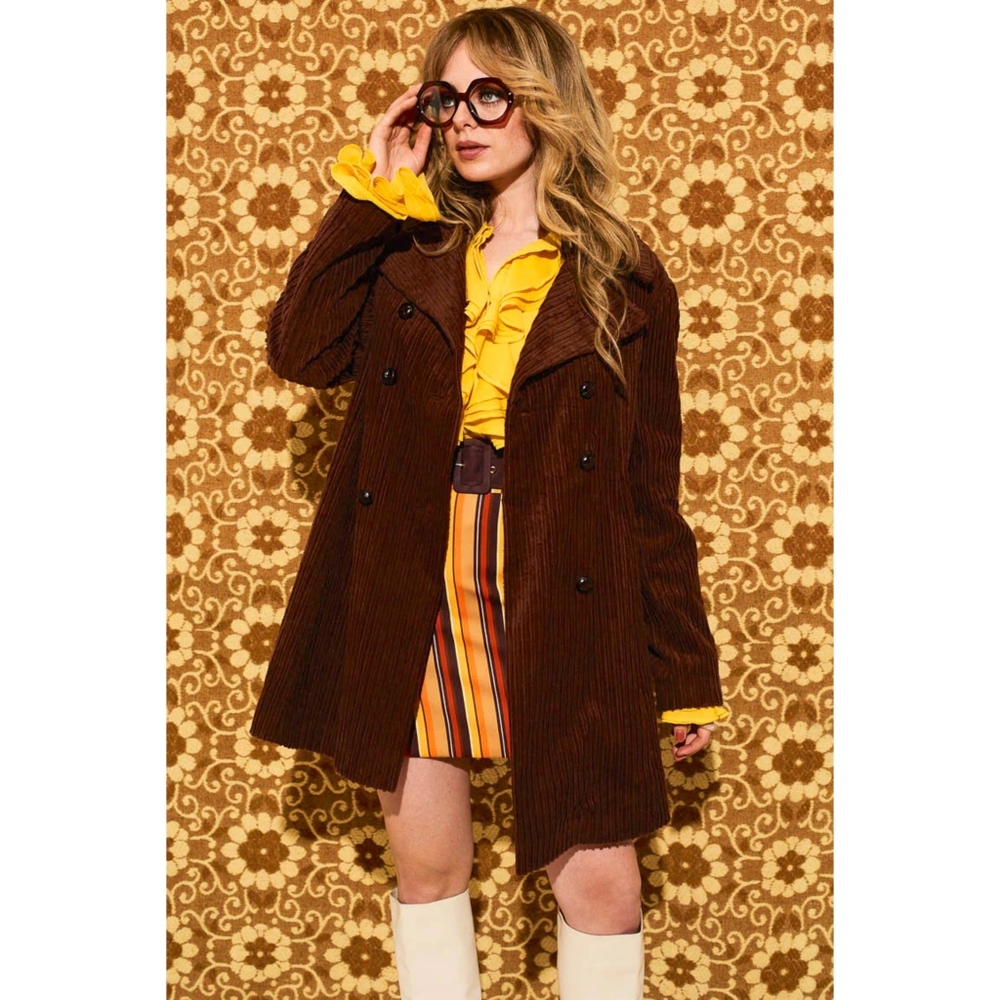 The Hippie Shake Layla Brown Striped Double Breasted Corduroy Coat—Size 12
